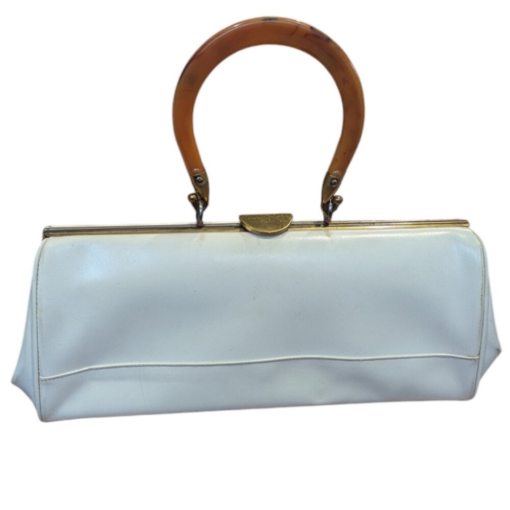 Vintage White Faux Leather Bag - Hinged Opening